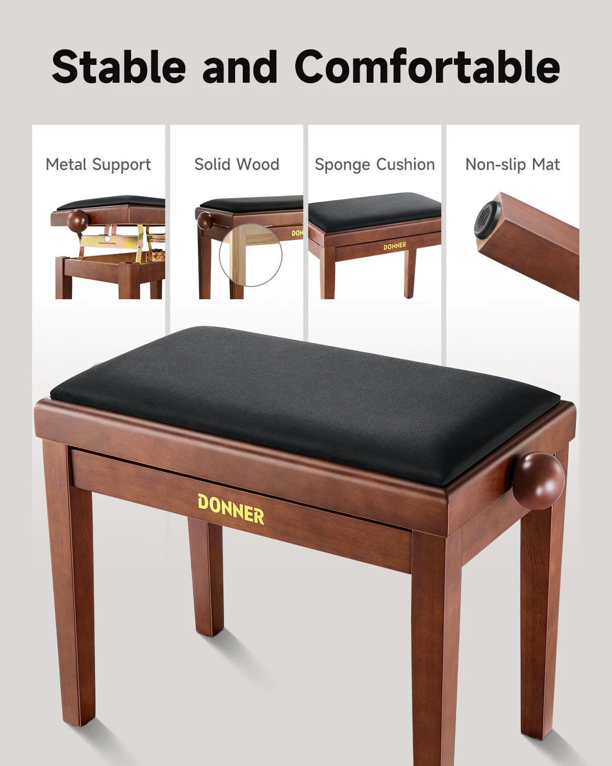 Donner Adjustable-Height Piano Bench - Image 5