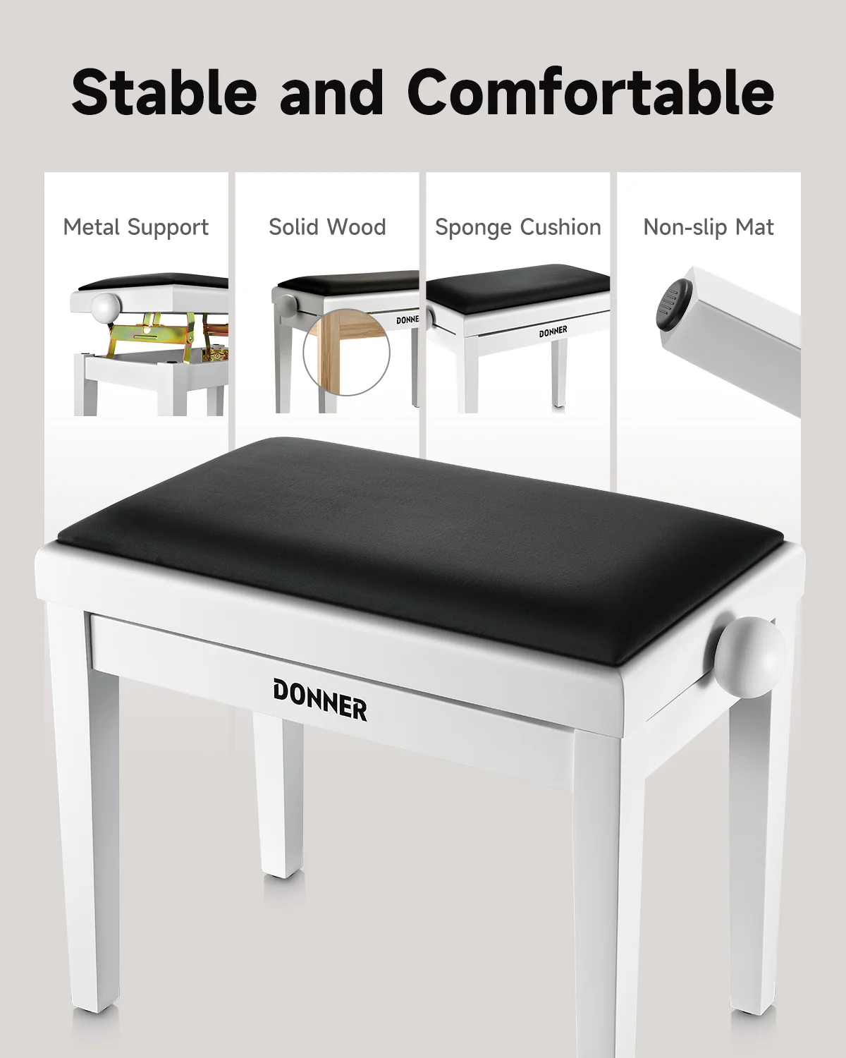 Donner Adjustable-Height Piano Bench White Matt - Image 5