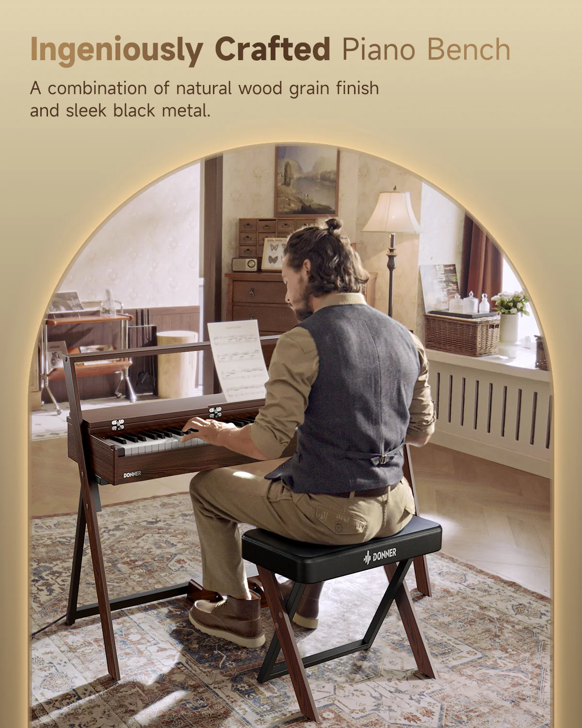 Donner DKB-300 Home Style Thick Padded Piano Bench, Walnut color - Image 6