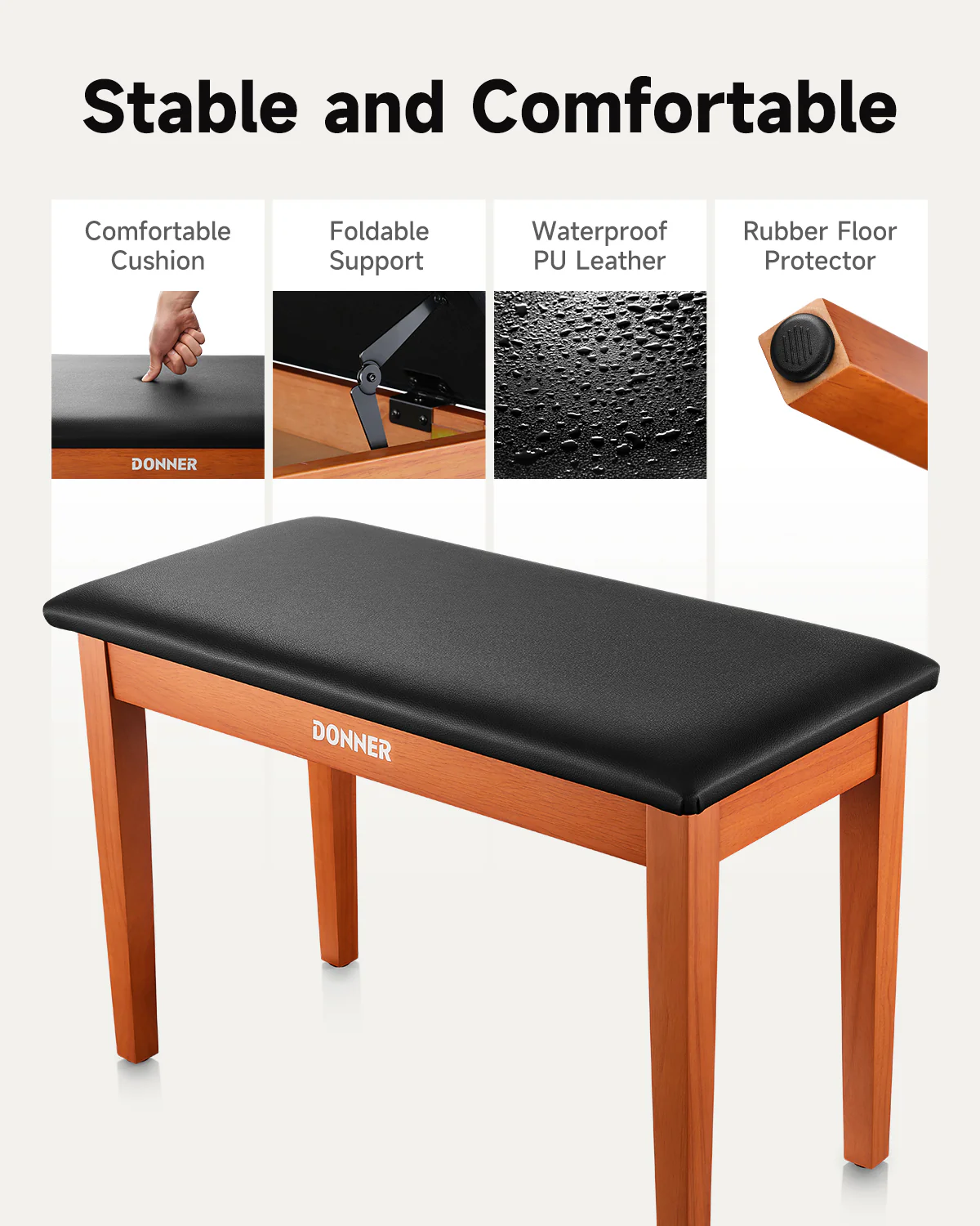 Donner Duet Piano Bench Stool with Storage Wooden - Image 5